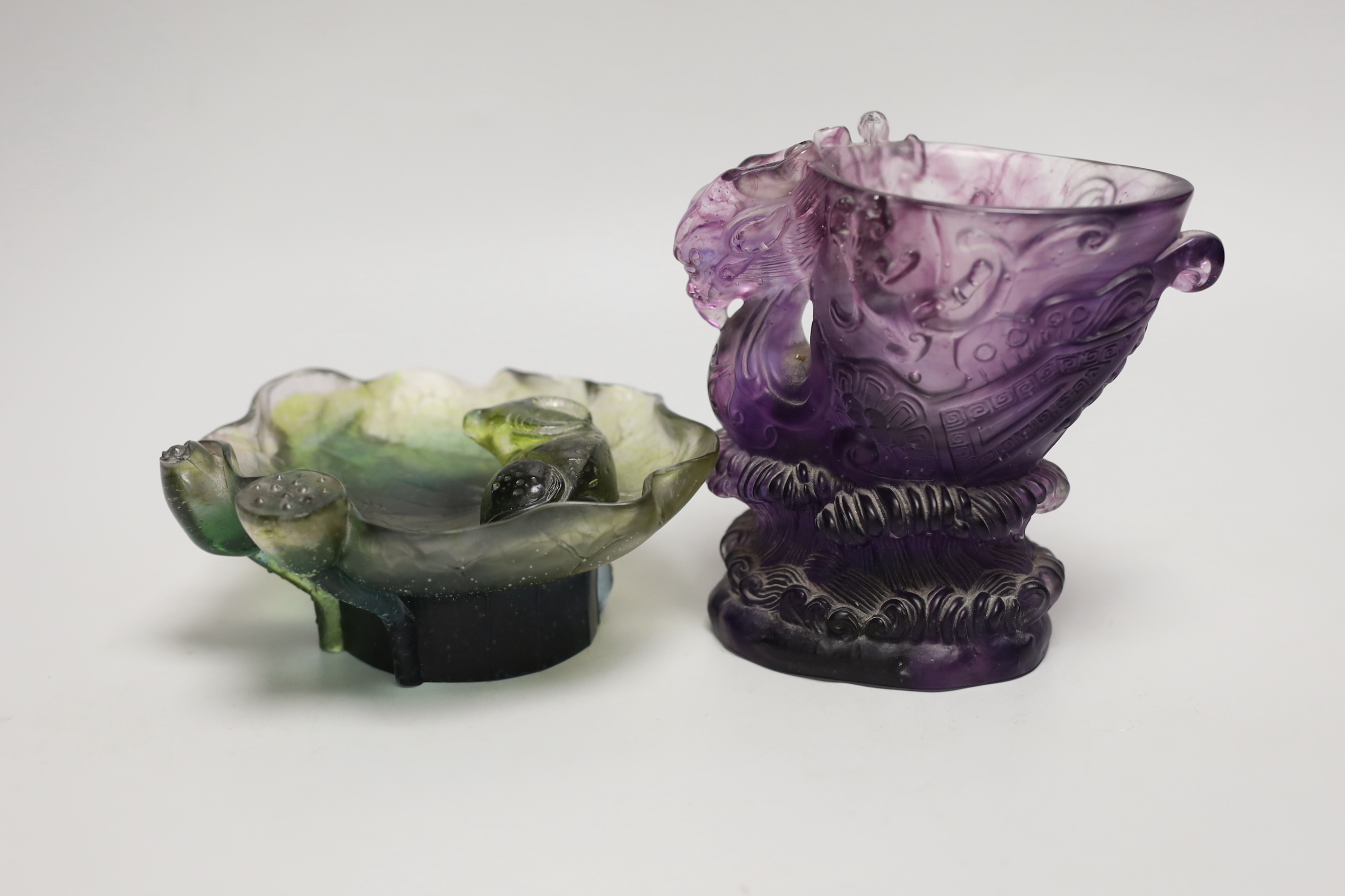 A contemporary Chinese amethyst glass tinted libation cup, signed to underside, 13cm, together with a similar water pot